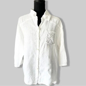 Elissia Pure Linen Studded Accent White Button Down Shirt Blouse Made in Italy